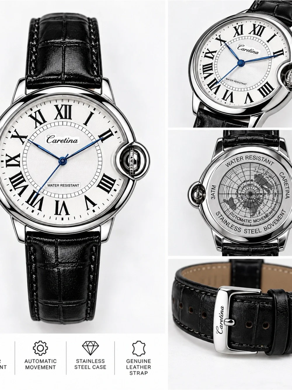 Men's Black Leather Strap Silver Case Watch - White Dial